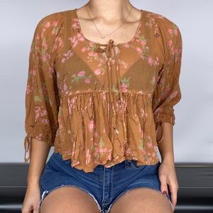 URBAN OUTFITTERS Floral Pink‎ And Orange Ruffle Blouse Bohemian Cottagecore
